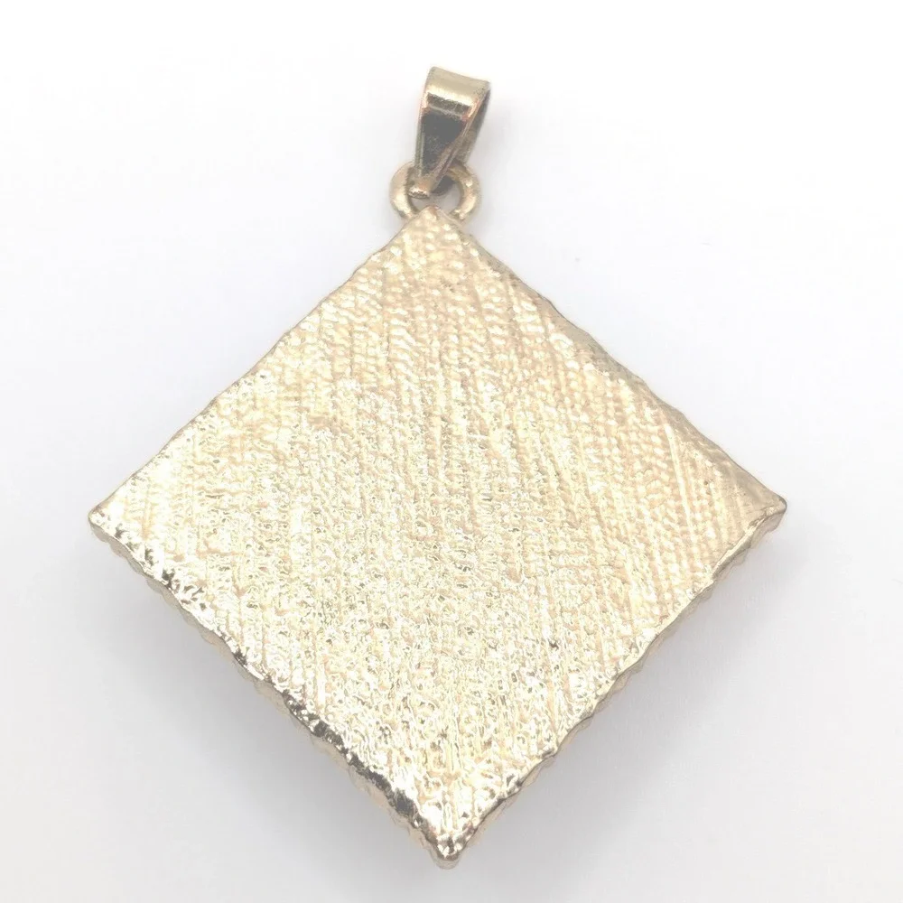 Gold Tone Square Raw Stone Cluster Pendant Magenta Quartz Bohemian Jewelry